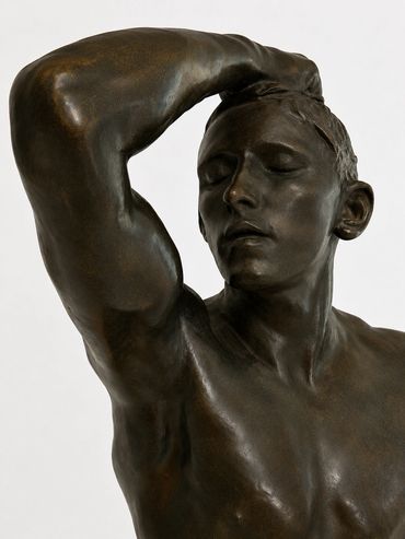 The Age of Bronze after Auguste Rodin, 1979 bronze, close-up of head, face, torso, and raised arm