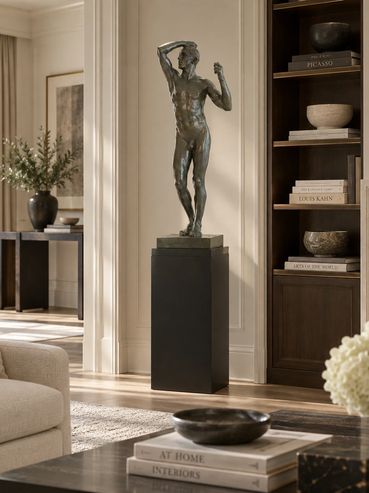 Interior visualization of The Age of Bronze after Rodin on a pedestal in a serene modern library