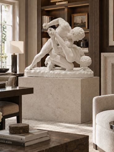 Interior visualization of The Wrestlers lifesize plaster cast in a Thomas Pheasant–inspired modern l