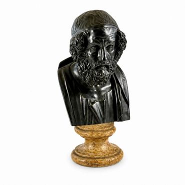 Homer, Italian Grand Tour bronze bust, full frontal view on marble socle