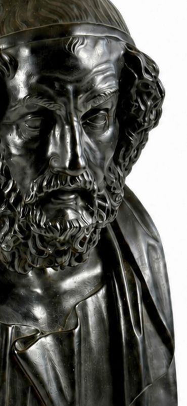 Homer bronze bust, close-up of face, beard, and classical features