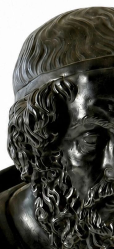Homer bronze bust, side-profile detail of head, hair, and beard
