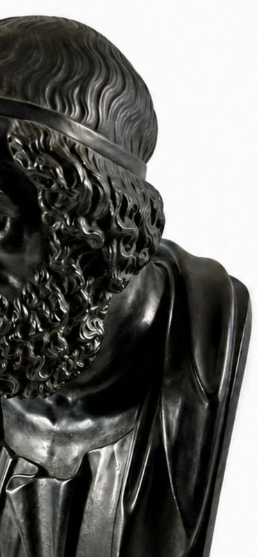 Homer bronze bust, close-up of beard, neck, and draped shoulder