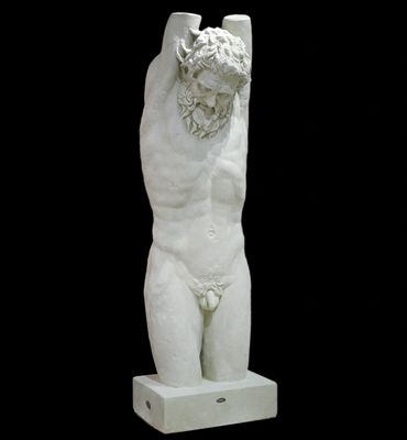 Ancient marble statue of a bearded man with raised arms, missing hands and upper arms.