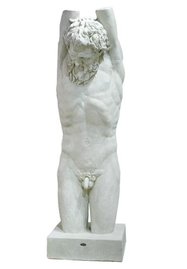 Marble statue of a bearded man with arms raised, missing parts.