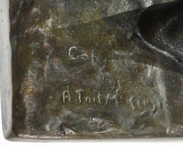 Incised inscription appearing to read R. Tait McKenzie on the rectangular base of the Athlete, Male