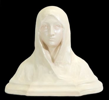 Frontal studio photograph of Piline plaster bust against a black background.