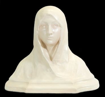 Smooth white marble bust of a woman wearing a hooded cloak.
