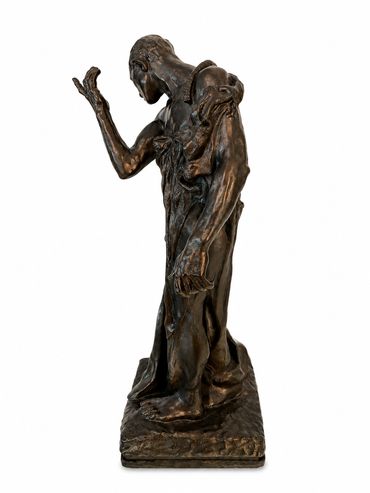 Pierre de Wissant after Auguste Rodin, close view of bowed head, raised hand, and draped torso
