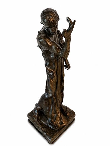 Pierre de Wissant after Auguste Rodin, patinated plaster figure, alternate three-quarter view