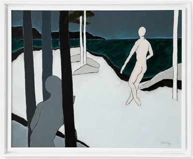 Arcadia at Dusk, 1980 oil painting by American Modernist Harley Francis, depicting two stylized male