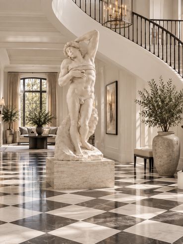 Dying Slave after Michelangelo displayed in a refined Palm Beach interior with a curved staircase an