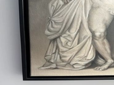 Wounded Achilles en grisaille oil painting, alternate detail of drapery and wounded leg