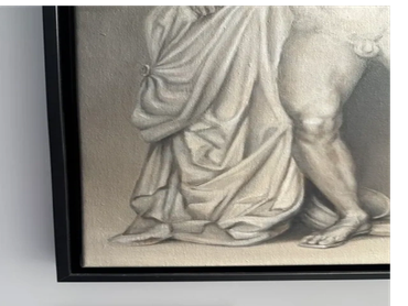 Wounded Achilles en grisaille oil painting, detail of draped lower body and bent leg