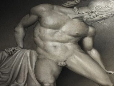 Wounded Achilles en grisaille oil painting, close-up of muscular male torso and hand