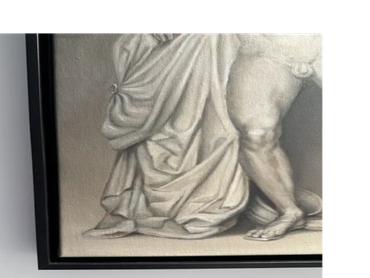 Wounded Achilles en grisaille oil painting, detail of lower body, drapery, and leg