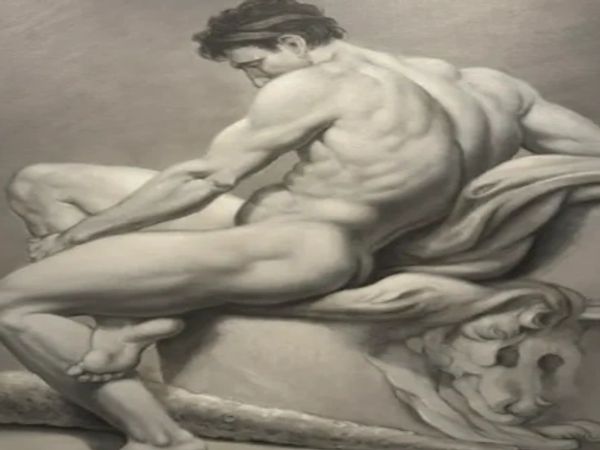 Philip Melville Courtney, Hercules at Rest, 2025, en grisaille oil painting of a muscular male figur