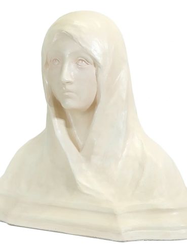 White bust sculpture of a woman with a hood covering her head.