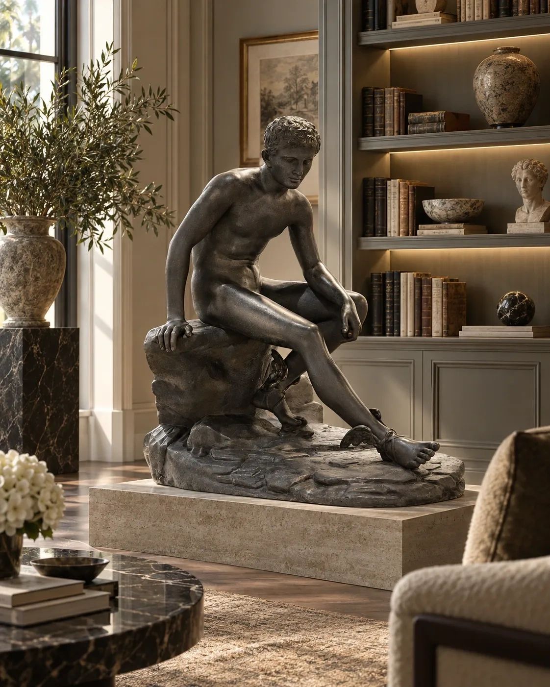 Life-size bronze Seated Mercury sculpture displayed in an elegant Palm Beach interior