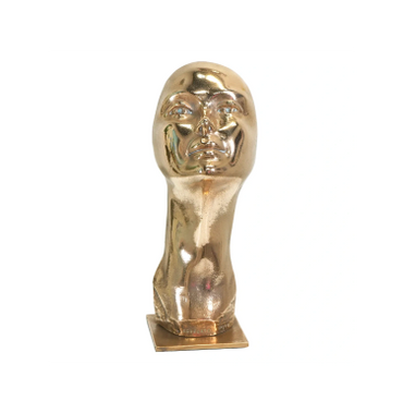 Golden metallic abstract sculpture of a human head and neck on a square base.