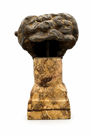 Bronze ram head sculpture on marble base, rear and underside view