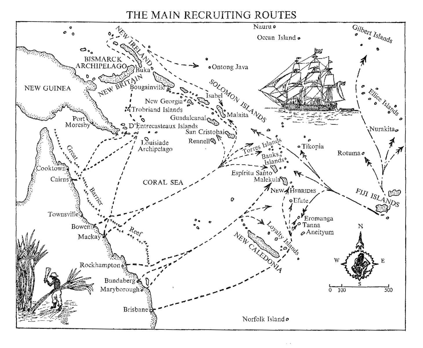 Map showing main recruiting routes in the Coral Sea and surrounding islands.