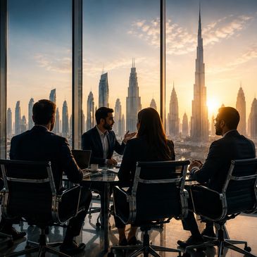 Business meeting with city skyline at sunset.