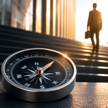 Compass on a table with a man in a suit walking upstairs.