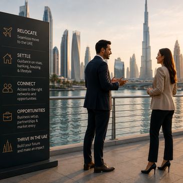 Two professionals talking in Dubai with Burj Khalifa in the background.