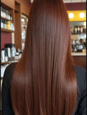 Long, straight, shiny brown hair from the back in a salon setting.