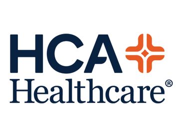 HCA Healthcare logo with blue text and an orange symbol.