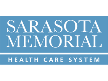 Logo of Sarasota Memorial Health Care System with blue background.
