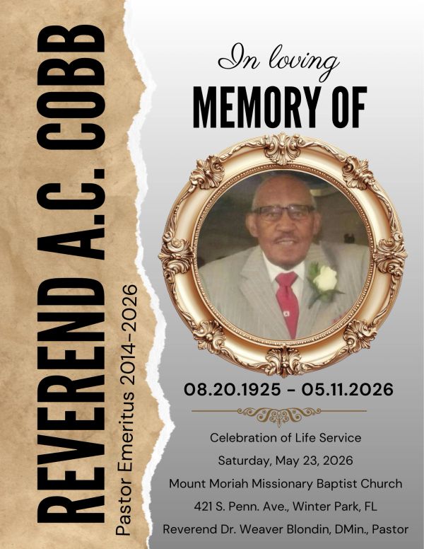 Memorial tribute for Reverend A.C. Cobb with photo and service details.