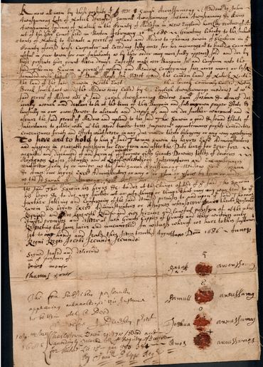August 1686 Deed to Thomas Sawin, sign by Natick Praying Indian Sarah Awassamug