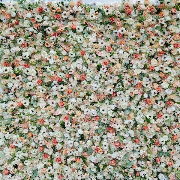 peach roses, white poppies on flower wall