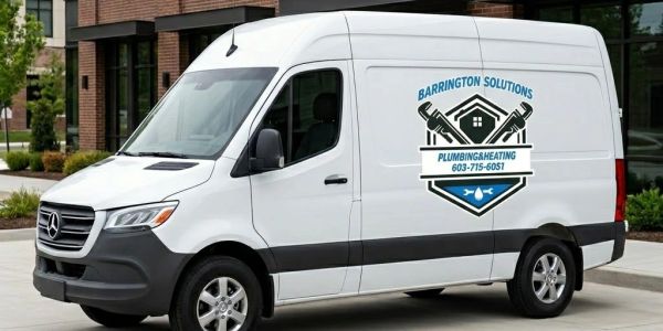 White Mercedes van with Barrington Solutions plumbing and heating logo.