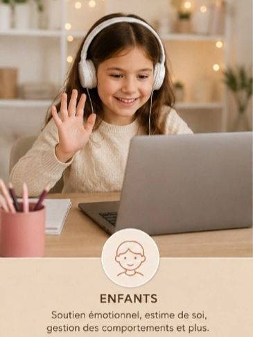 Fille utilisant un ordinateur avec casque, souriant et saluant.