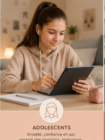 Adolescente utilisant une tablette avec écouteurs.