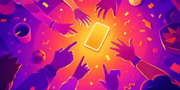 Hands reaching towards a glowing smartphone on a table with snacks and drinks.