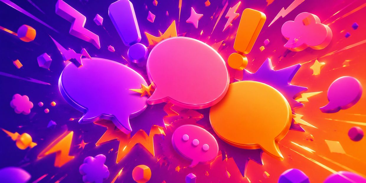 Colorful 3D speech bubbles and symbols bursting with energy.