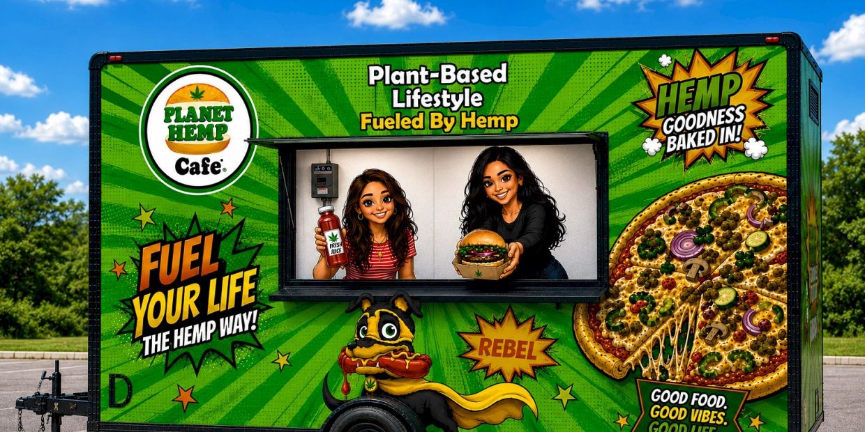 Vibrant Planet Hemp Cafe food truck with hemp-themed menu and cartoon characters.