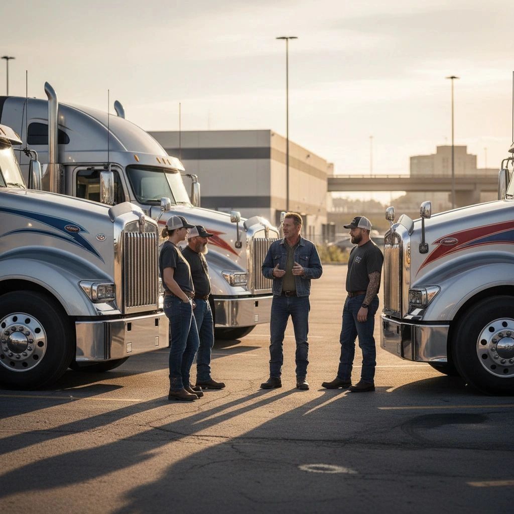 Four truck drivers standing between two semi-trucks, having a discussion in a parking lot at sunset.