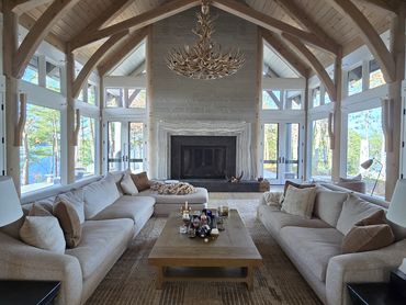 Muskoka home interior beams restored with media blasting and stain.