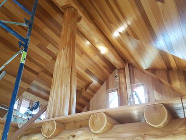 Wood restoration interior log beams and wood ceiling- media blast and stained