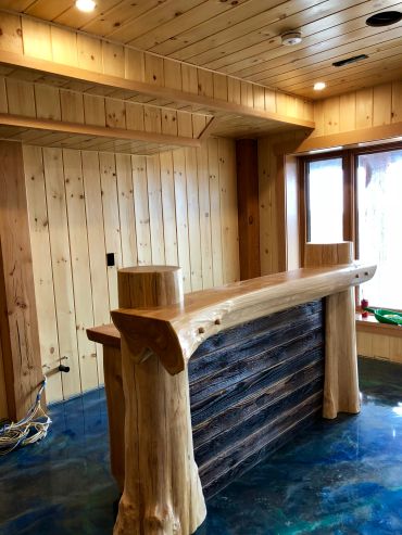Customer log bar- wood restoration completed media blast and stain, Ontario