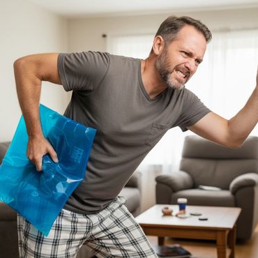 Man using ice pack for back pain while reaching for medication.