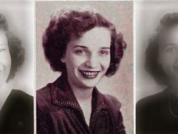 A vintage black and white portrait of a smiling woman from the mid-20th century.