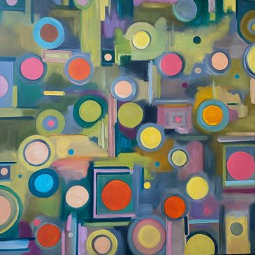 Abstract artwork with colorful circles and rectangles.