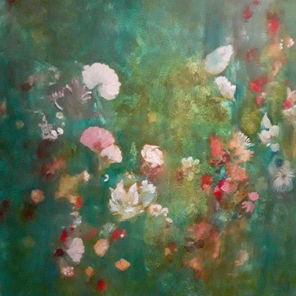 Abstract floral painting with soft colors on green background.