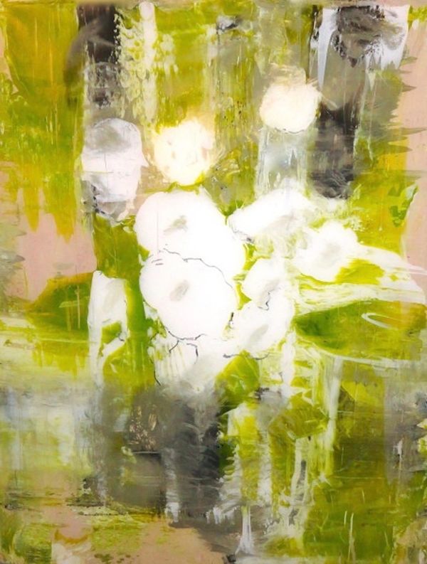 Abstract painting with green, white, and gray tones.
